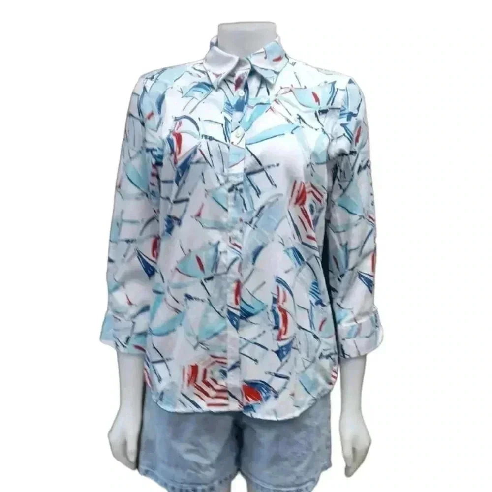 Chaps Beach Print Cottagecore Cotton Button Down Shirt Size Large